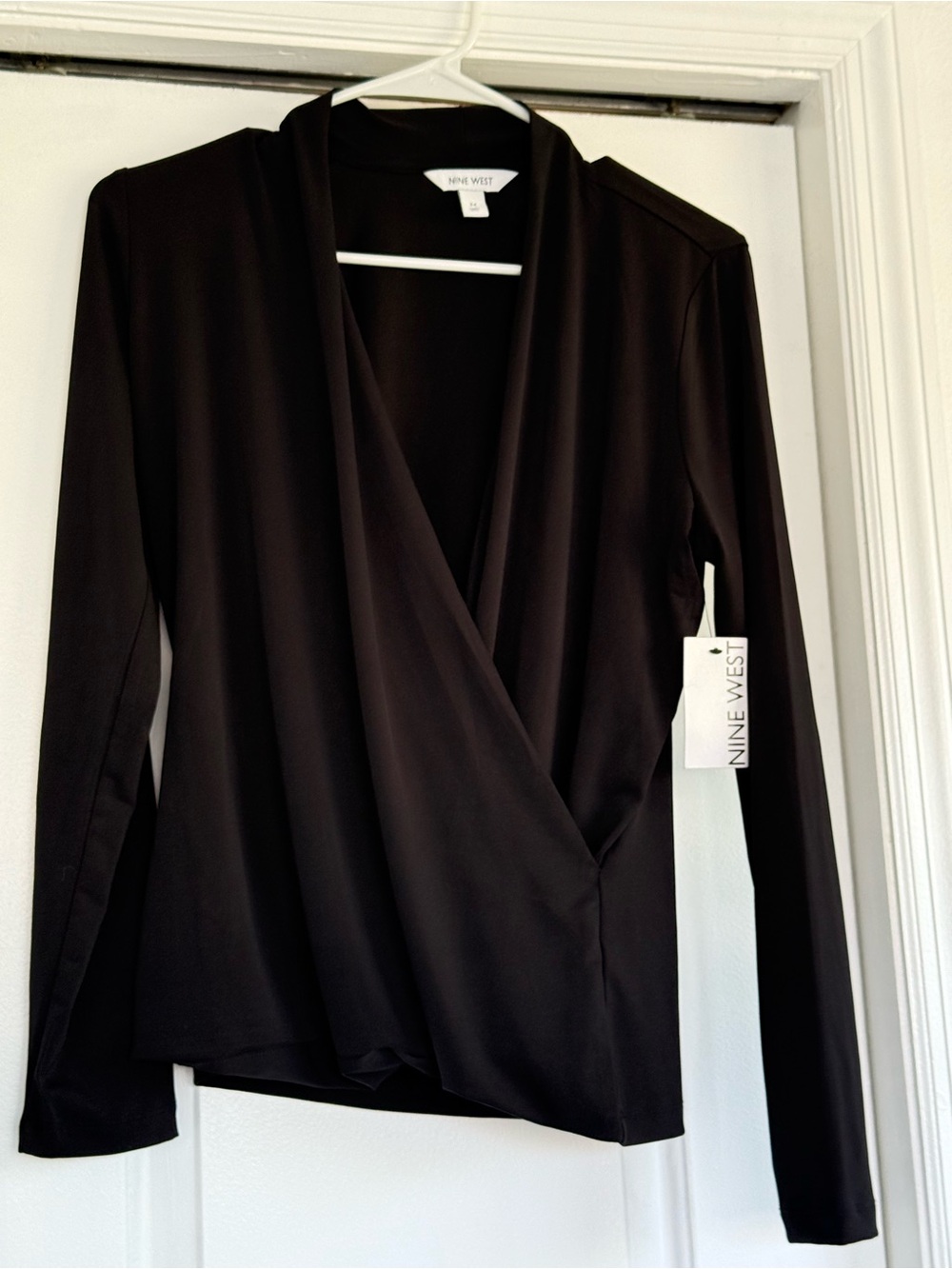 Nine West Black Draped Surplice Long-Sleeve Top